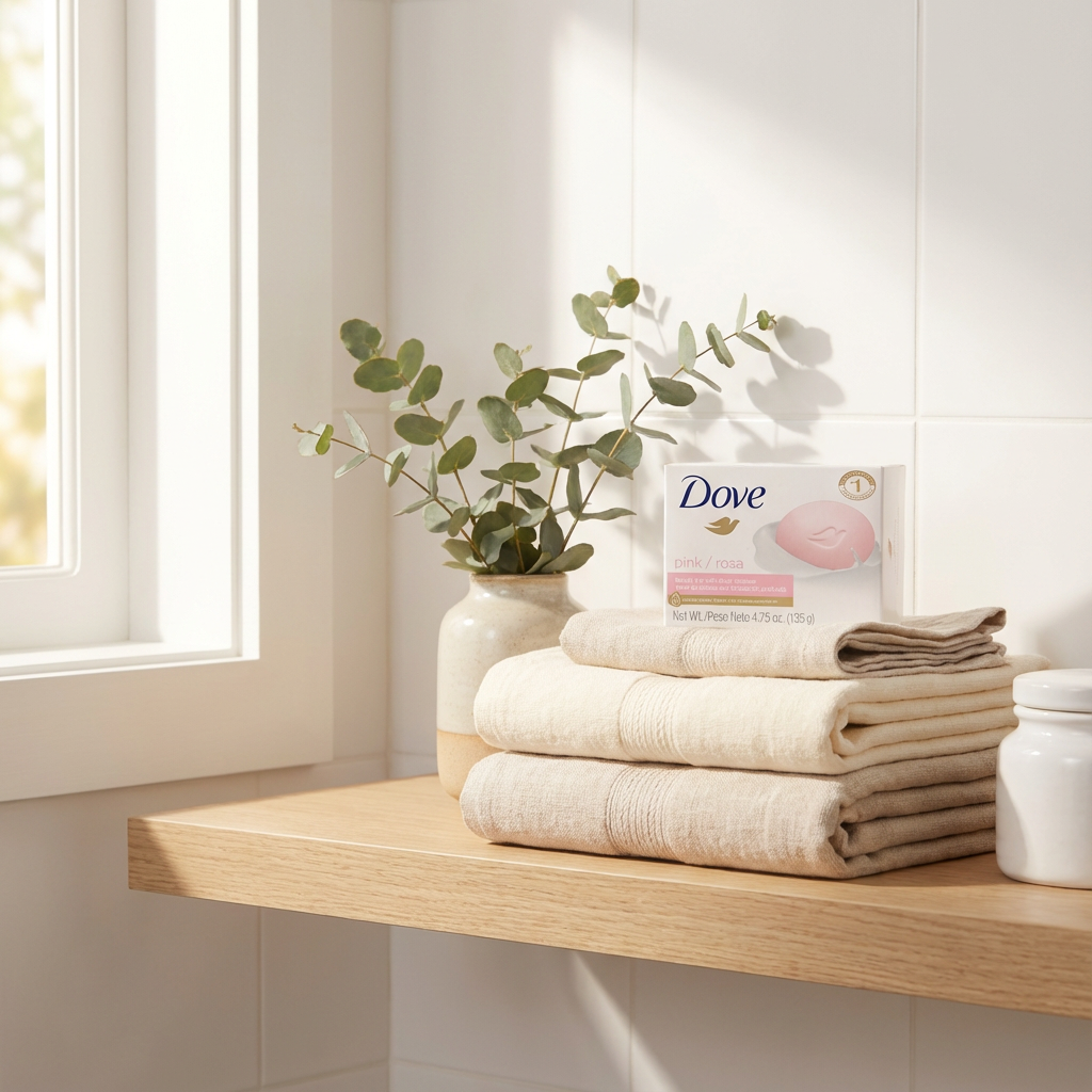 Stack of towels and Dove soap on a wooden shelf with a plant in the background