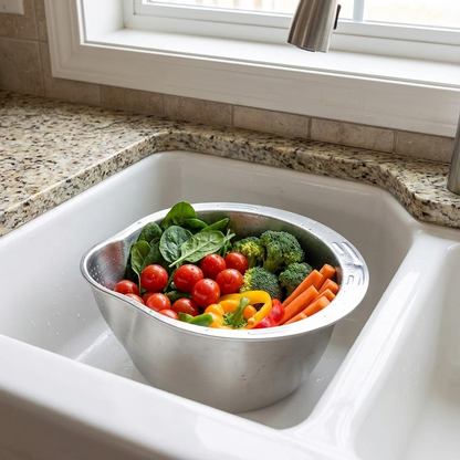 Metal bowl filled with fresh vegetables in a kitchen sink