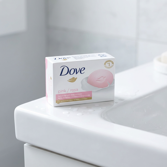 Dove soap bar on a white surface with a neutral background