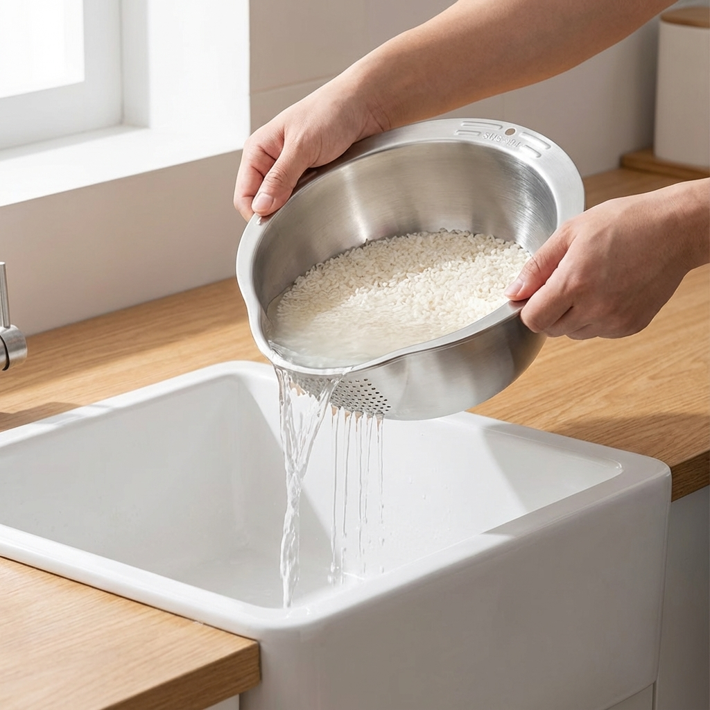 Person rinsing rice in a metal colander over a sink in a kitchen.