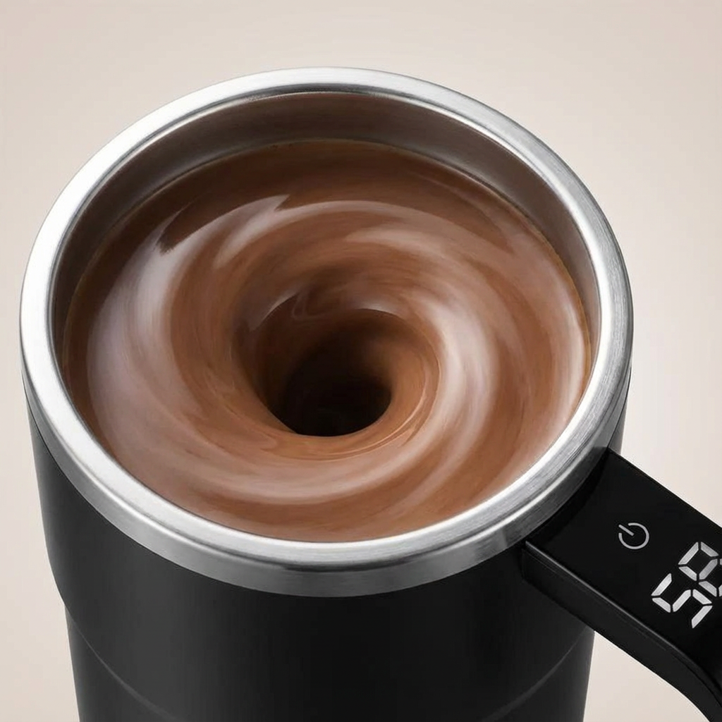 Black electric milk frother with swirling chocolate milk inside on a beige background