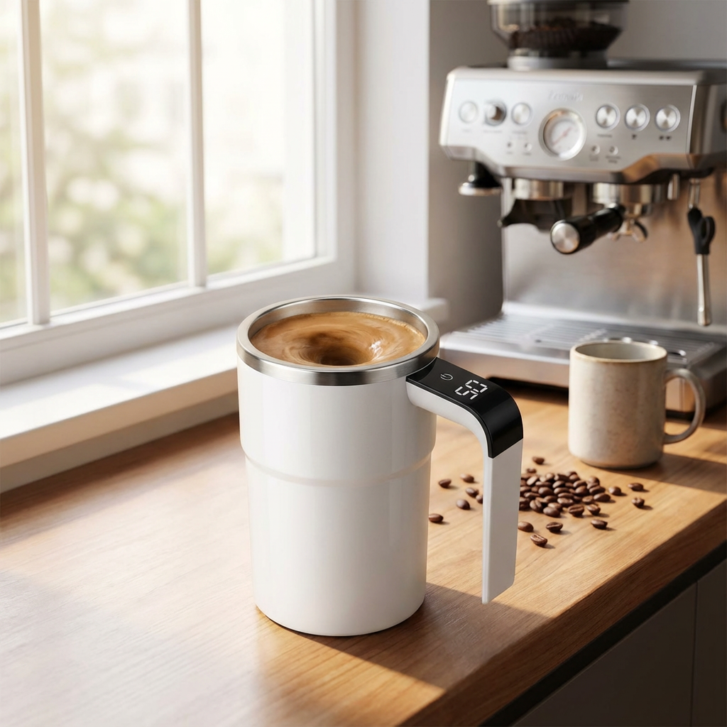 White mug with coffee next to an espresso machine on a wooden counter