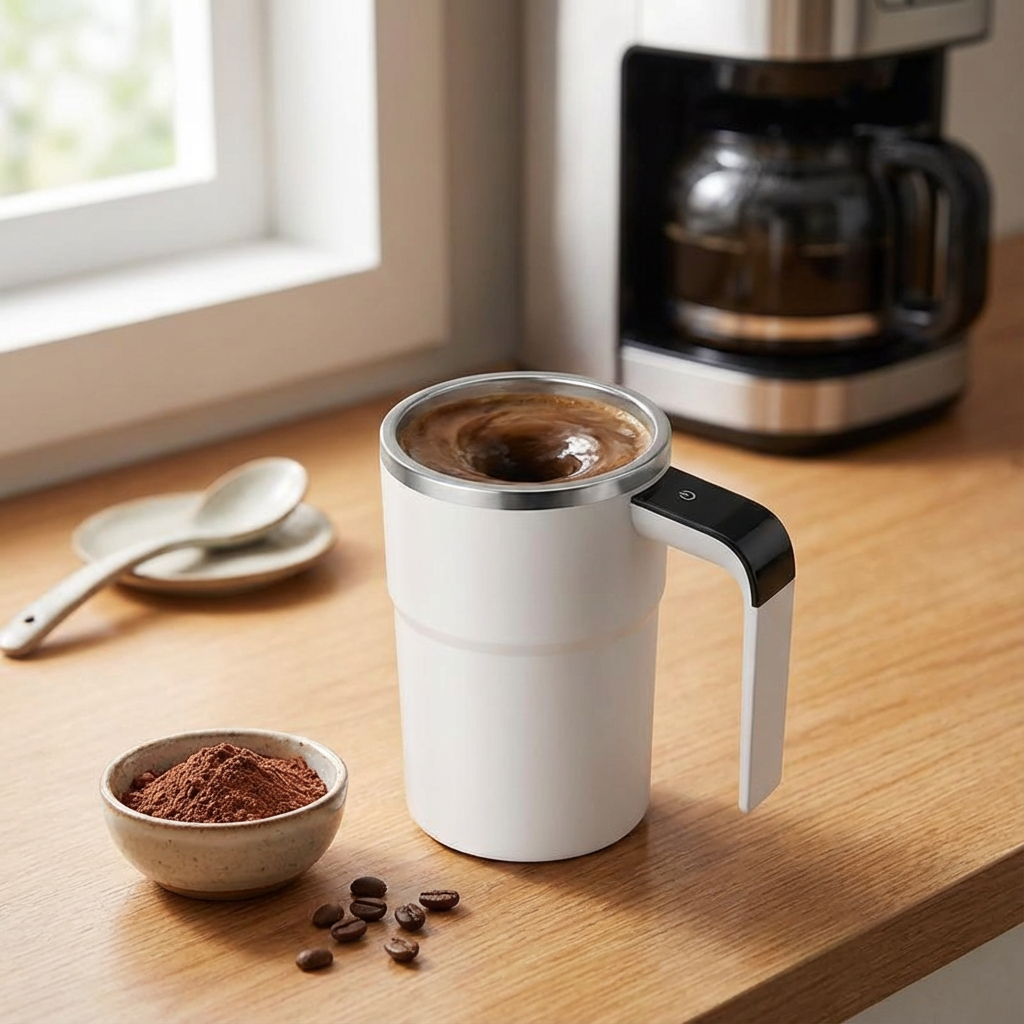 White travel mug with handle filled with coffee on a wooden surface next to a coffee maker and bowl of coffee beans.