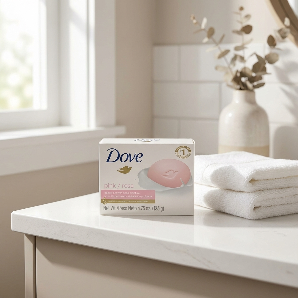 Dove soap packaging on a bathroom counter with towels and a vase in the background