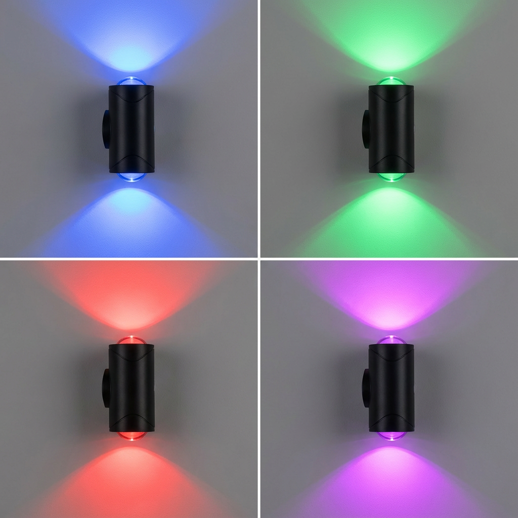 Four LED lights emitting blue, green, red, and purple light on a gray background.