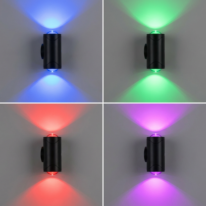 Four LED lights emitting blue, green, red, and purple light on a gray background.