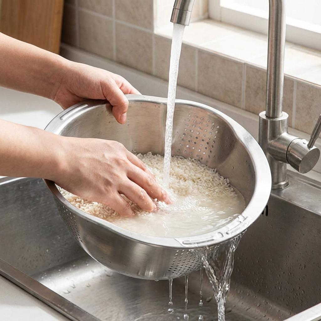 Person washing rice in a metal colander under running water in a kitchen sink.