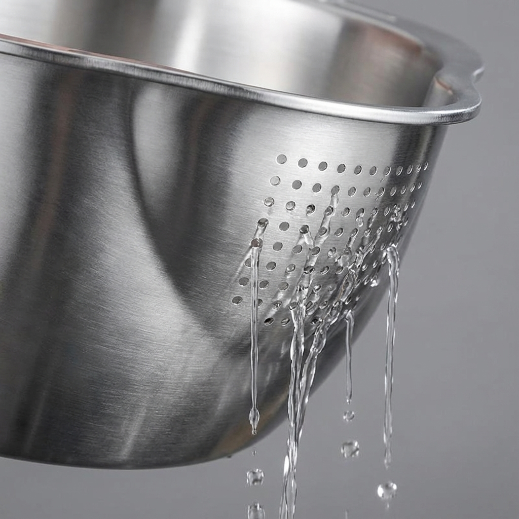 Metal colander with water dripping from it on a gray background