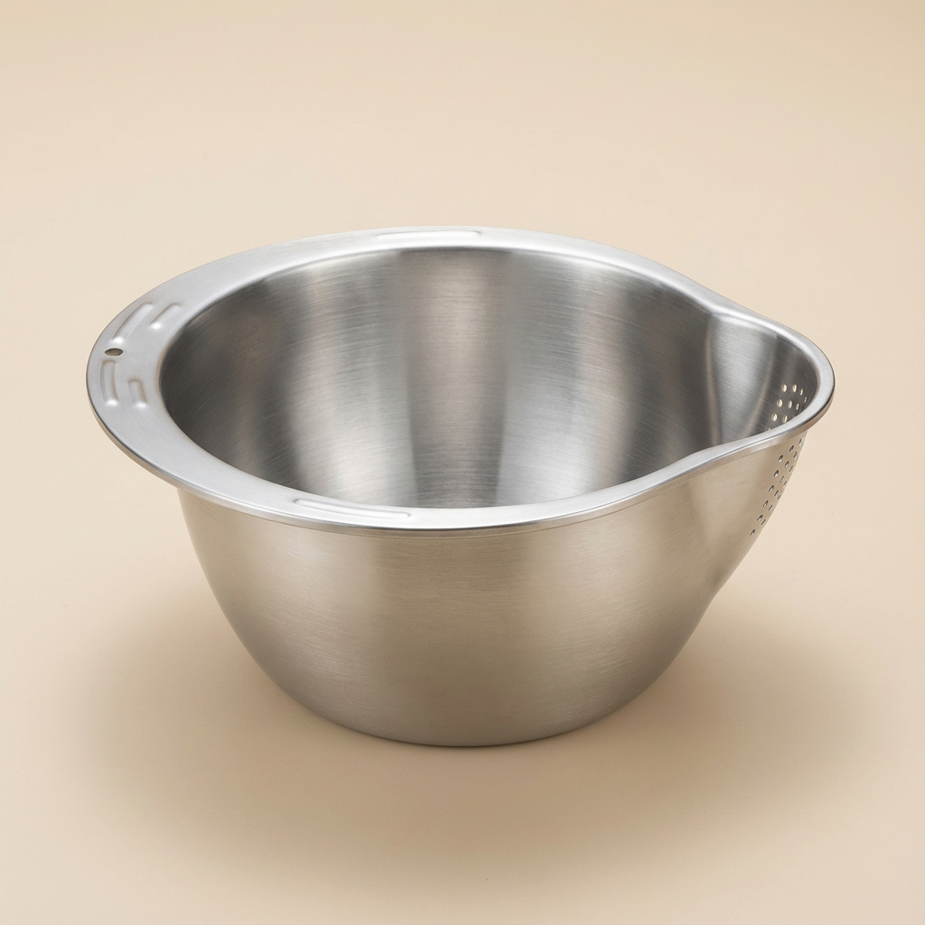 Stainless steel mixing bowl on a beige background